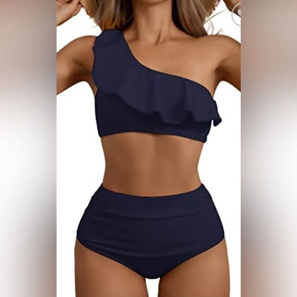 Eomenie Two Piece Swimsuit Bikini Set One Shoulder Ruffle M - Picture 3 of 9